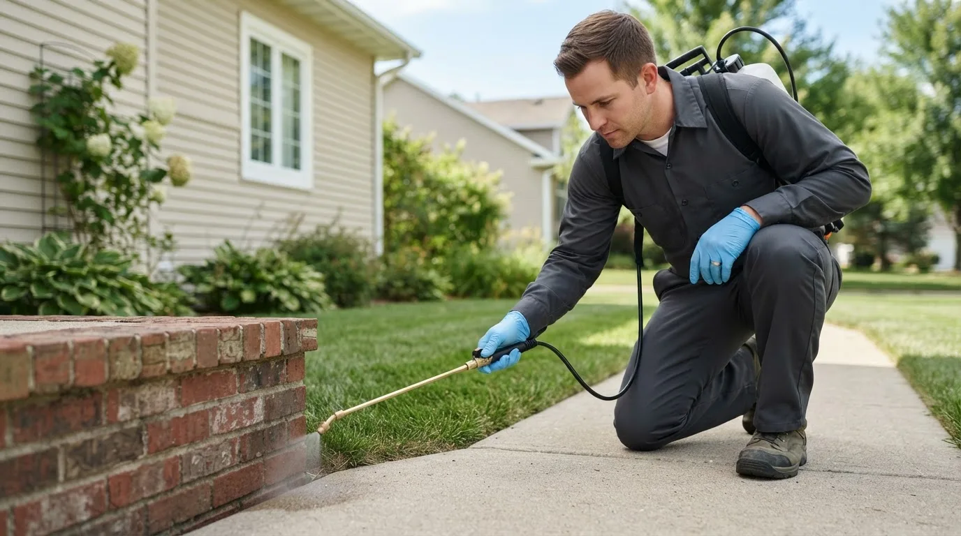 Pest control technician treating a home near Topeka, IN