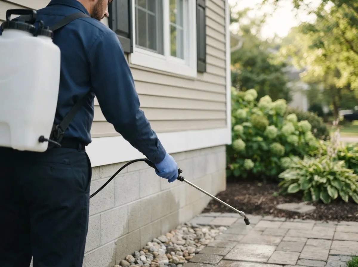 Pest control technician inspecting a home in Topeka, IN
